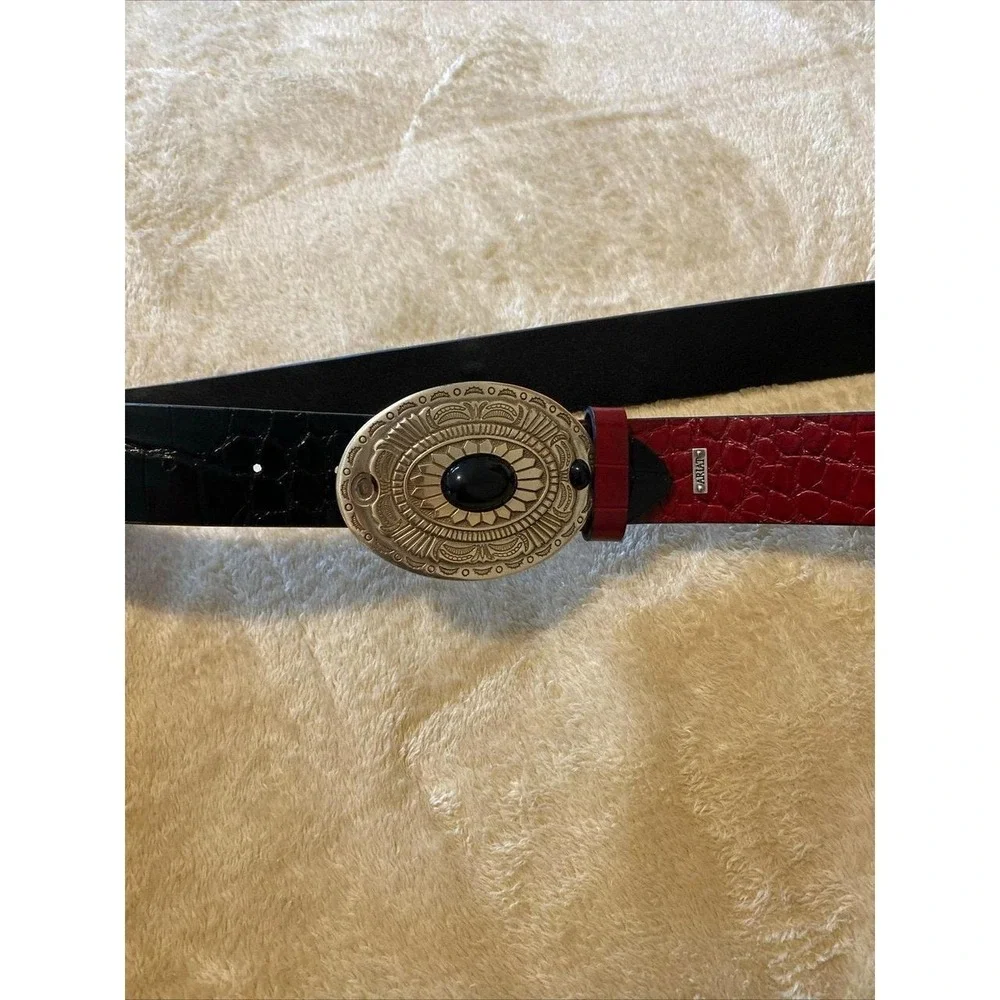 Ariat Belt 38 Red Black Equestrian Leather Hand Crafted Silver Buckle Accessory